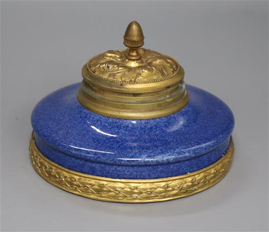 A Sevres Paul Milet period blue ground ormolu mounted ink well diameter 12cm